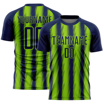 Custom Navy Neon Green Vertical Brush Stroke Stripes Sublimation Soccer Uniform Jersey