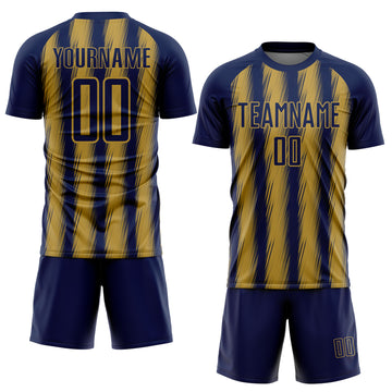 Custom Navy Old Gold Vertical Brush Stroke Stripes Sublimation Soccer Uniform Jersey