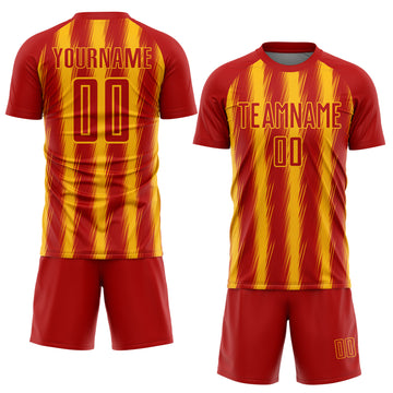 Custom Red Gold Vertical Brush Stroke Stripes Sublimation Soccer Uniform Jersey