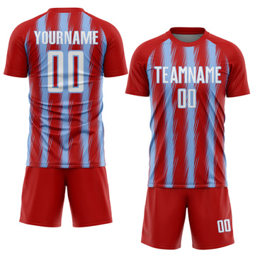 Custom Red White-Light Blue Vertical Brush Stroke Stripes Sublimation Soccer Uniform Jersey