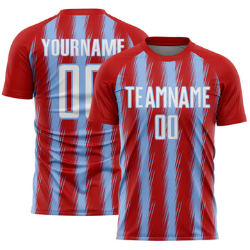 Custom Red White-Light Blue Vertical Brush Stroke Stripes Sublimation Soccer Uniform Jersey