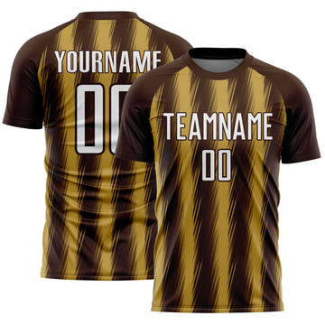 Custom Brown White-Old Gold Vertical Brush Stroke Stripes Sublimation Soccer Uniform Jersey