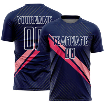 Custom Navy White-Pink Diagonal Stripes Sports Sublimation Soccer Uniform Jersey