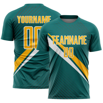 Custom Teal Gold-White Diagonal Stripes Sports Sublimation Soccer Uniform Jersey