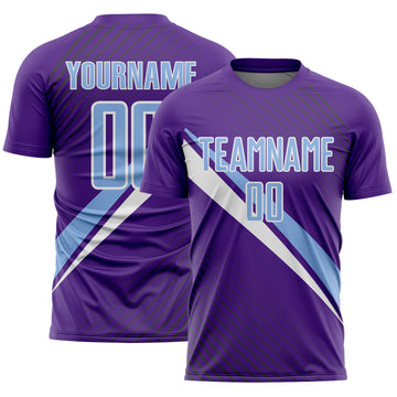 Custom Purple Light Blue-White Diagonal Stripes Sports Sublimation Soccer Uniform Jersey