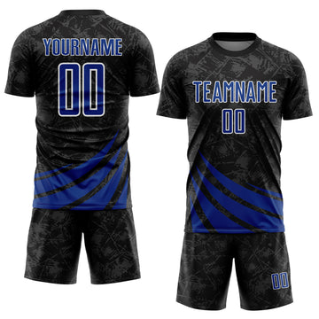 Custom Black Royal-White Distressed Diagonal Stripes Wind Shapes Sports Sublimation Soccer Uniform Jersey