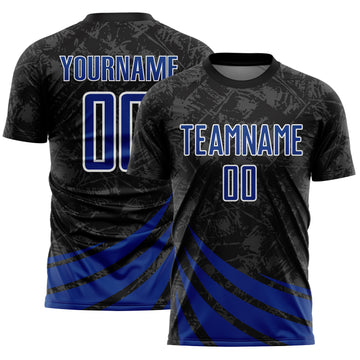 Custom Black Royal-White Distressed Diagonal Stripes Wind Shapes Sports Sublimation Soccer Uniform Jersey
