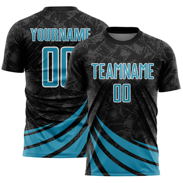 Custom Black Panther Blue-White Distressed Diagonal Stripes Wind Shapes Sports Sublimation Soccer Uniform Jersey