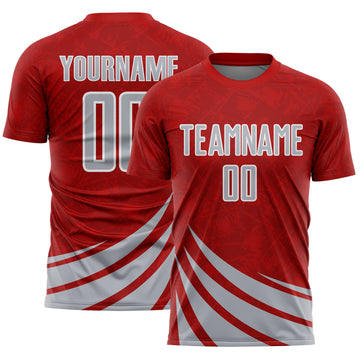 Custom Red Gray-White Distressed Diagonal Stripes Wind Shapes Sports Sublimation Soccer Uniform Jersey