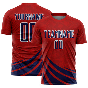 Custom Red Navy-White Distressed Diagonal Stripes Wind Shapes Sports Sublimation Soccer Uniform Jersey