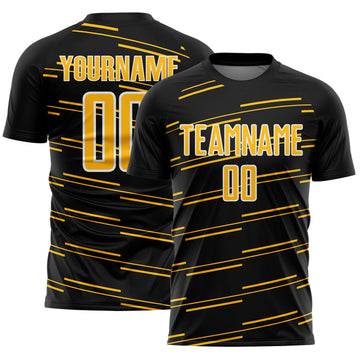 Custom Black Gold-White Diagonal Pinstripes Lines Sports Sublimation Soccer Uniform Jersey