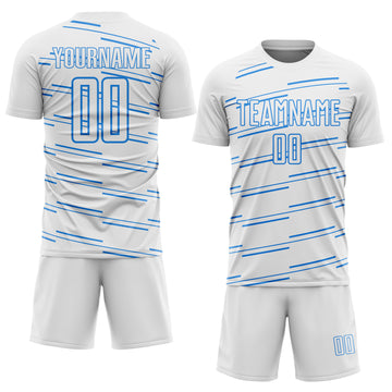 Custom White Powder Blue Diagonal Pinstripes Lines Sports Sublimation Soccer Uniform Jersey