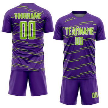 Custom Purple Neon Green-White Diagonal Pinstripes Lines Sports Sublimation Soccer Uniform Jersey