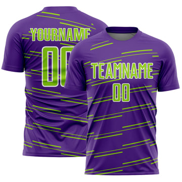 Custom Purple Neon Green-White Diagonal Pinstripes Lines Sports Sublimation Soccer Uniform Jersey