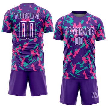 Custom Purple White Pink-Aqua Geometric Camo Fragment Sports Sublimation Soccer Uniform Jersey