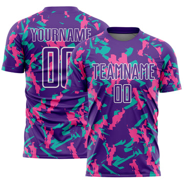 Custom Purple White Pink-Aqua Geometric Camo Fragment Sports Sublimation Soccer Uniform Jersey