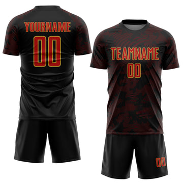 Custom Black Red-Old Gold Curve Lines Sublimation Soccer Uniform Jersey