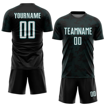 Custom Black White-Teal Curve Lines Sublimation Soccer Uniform Jersey