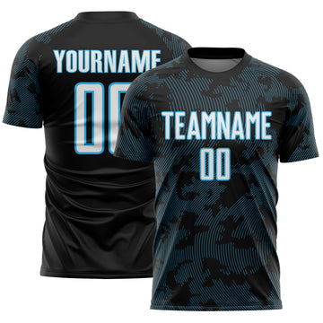 Custom Black White-Sky Blue Curve Lines Sublimation Soccer Uniform Jersey