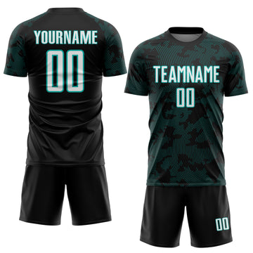 Custom Black White-Aqua Curve Lines Sublimation Soccer Uniform Jersey
