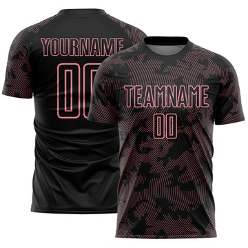 Custom Black-Medium Pink Curve Lines Sublimation Soccer Uniform Jersey