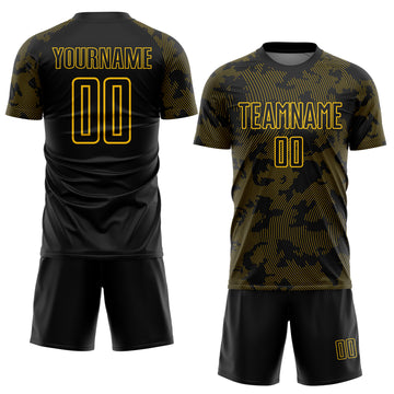 Custom Black-Yellow Curve Lines Sublimation Soccer Uniform Jersey
