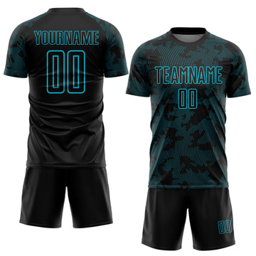 Custom Black-Lakes Blue Curve Lines Sublimation Soccer Uniform Jersey