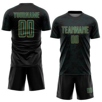 Custom Black Midnight Green-Old Gold Curve Lines Sublimation Soccer Uniform Jersey