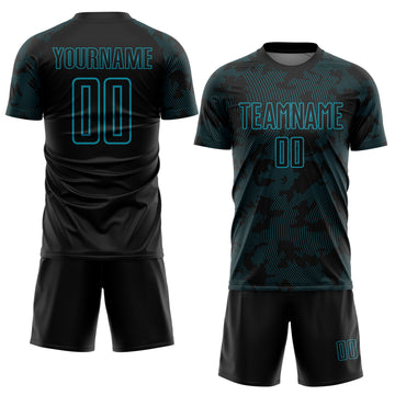 Custom Black-Teal Curve Lines Sublimation Soccer Uniform Jersey