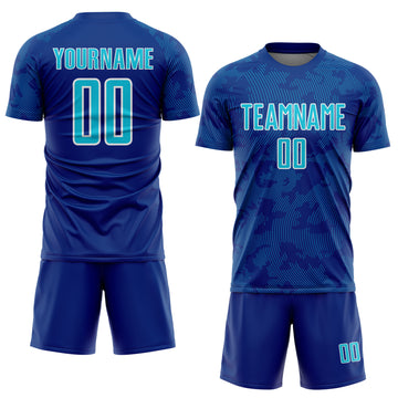 Custom Royal Lakes Blue-White Curve Lines Sublimation Soccer Uniform Jersey