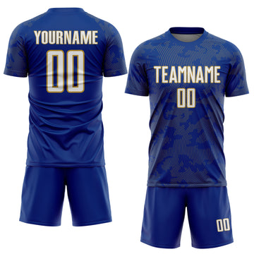 Custom Royal White-Old Gold Curve Lines Sublimation Soccer Uniform Jersey