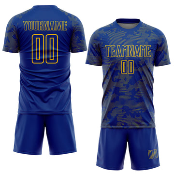Custom Royal-Yellow Curve Lines Sublimation Soccer Uniform Jersey