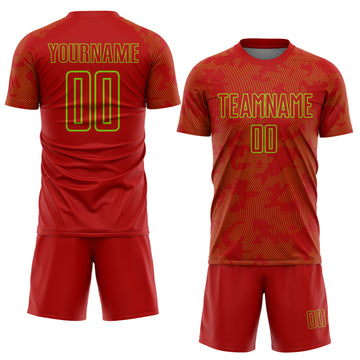 Custom Red-Neon Green Curve Lines Sublimation Soccer Uniform Jersey