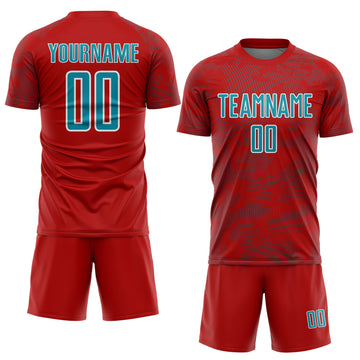 Custom Red Teal-White Curve Lines Sublimation Soccer Uniform Jersey