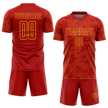 Custom Red-Gold Curve Lines Sublimation Soccer Uniform Jersey