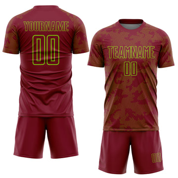 Custom Crimson-Neon Green Curve Lines Sublimation Soccer Uniform Jersey