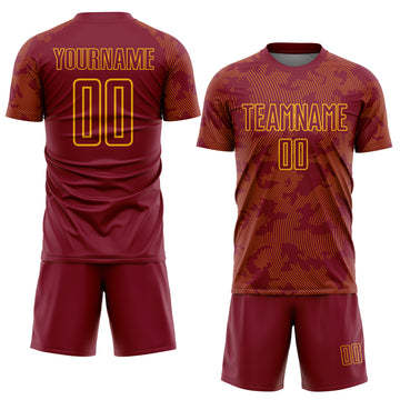 Custom Crimson-Gold Curve Lines Sublimation Soccer Uniform Jersey