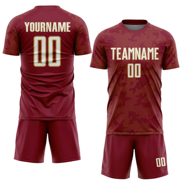 Custom Crimson White-Old Gold Curve Lines Sublimation Soccer Uniform Jersey