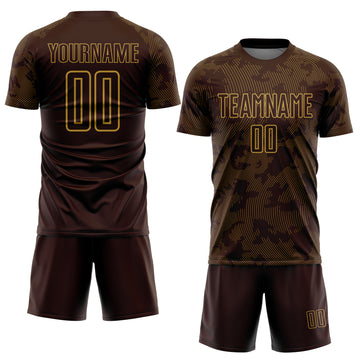Custom Brown-Old Gold Curve Lines Sublimation Soccer Uniform Jersey