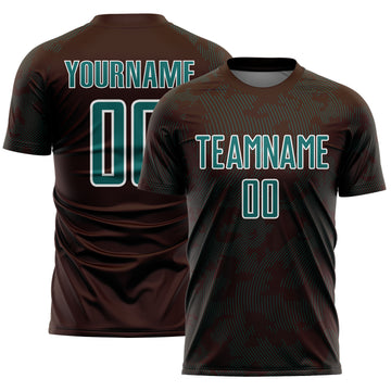 Custom Brown Teal-White Curve Lines Sublimation Soccer Uniform Jersey