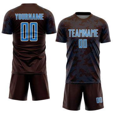 Custom Brown Powder Blue-Cream Curve Lines Sublimation Soccer Uniform Jersey
