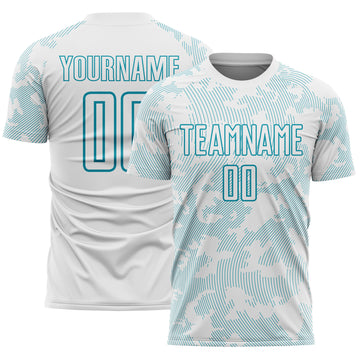 Custom White-Teal Curve Lines Sublimation Soccer Uniform Jersey