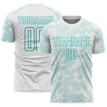 Custom White-Aqua Curve Lines Sublimation Soccer Uniform Jersey