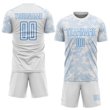 Custom White-Powder Blue Curve Lines Sublimation Soccer Uniform Jersey