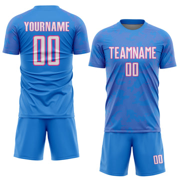 Custom Powder Blue White-Pink Curve Lines Sublimation Soccer Uniform Jersey