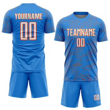 Custom Powder Blue White-Orange Curve Lines Sublimation Soccer Uniform Jersey