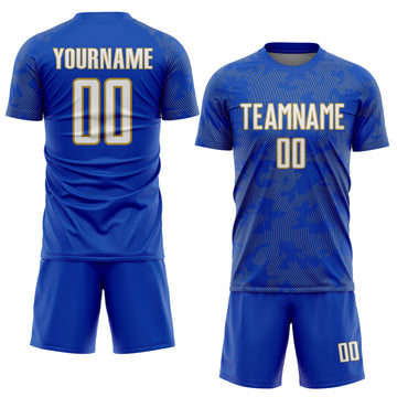 Custom Thunder Blue White-Old Gold Curve Lines Sublimation Soccer Uniform Jersey