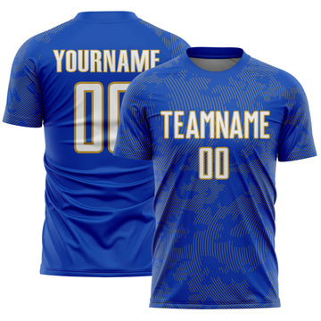 Custom Thunder Blue White-Old Gold Curve Lines Sublimation Soccer Uniform Jersey