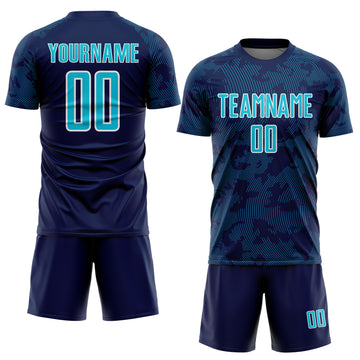 Custom Navy Lakes Blue-White Curve Lines Sublimation Soccer Uniform Jersey