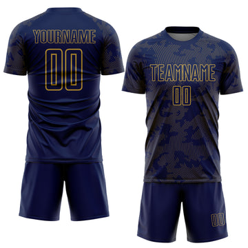 Custom Navy-Old Gold Curve Lines Sublimation Soccer Uniform Jersey